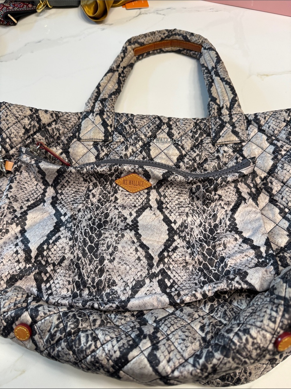 MZ Wallace Quilted Snake-Print Tote in Gray and Black